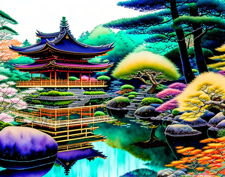 Colorful Traditional Japanese Temple with Stylized Trees and Reflective Waters