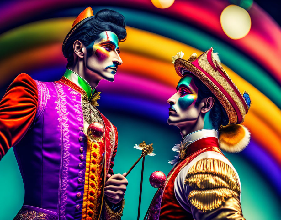 Vibrant performers in colorful costumes against rainbow backdrop