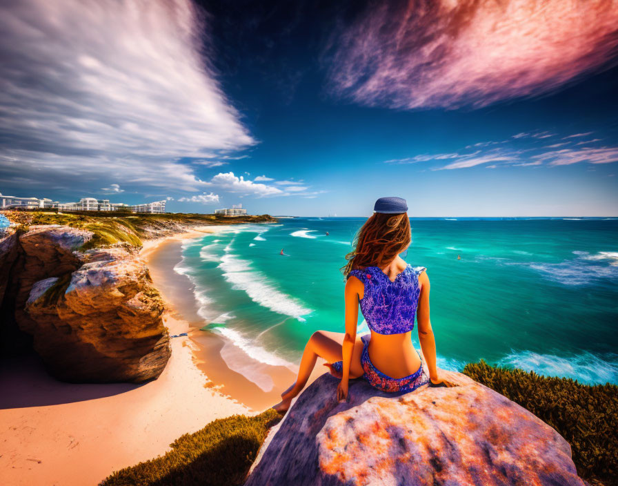 Woman in blue outfit sitting on rock by vibrant beach with pink and blue clouds and picturesque coastline