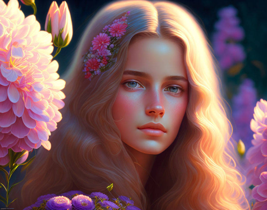 Digital portrait of young woman with flowing hair and pink flowers in serene setting.