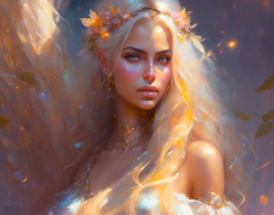 Blond woman with flowered hair and butterfly wings in glowing setting