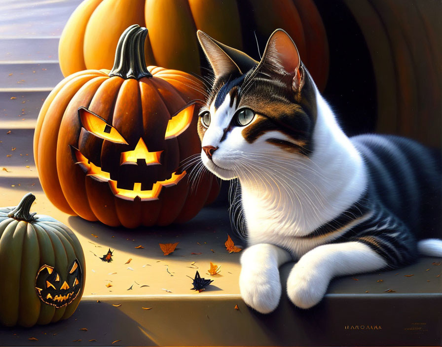 Cat with Halloween pumpkins and autumn leaves in warm sunset lighting