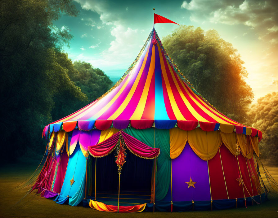 Striped and starry circus tent in lush forest setting