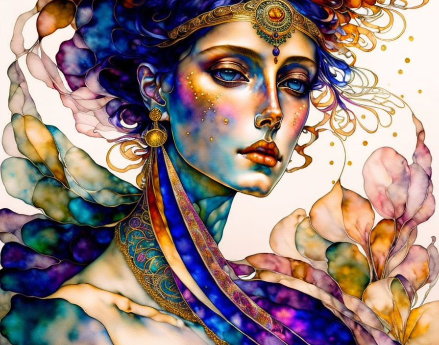 Vibrant illustration of mystical woman with intricate jewelry and floral patterns