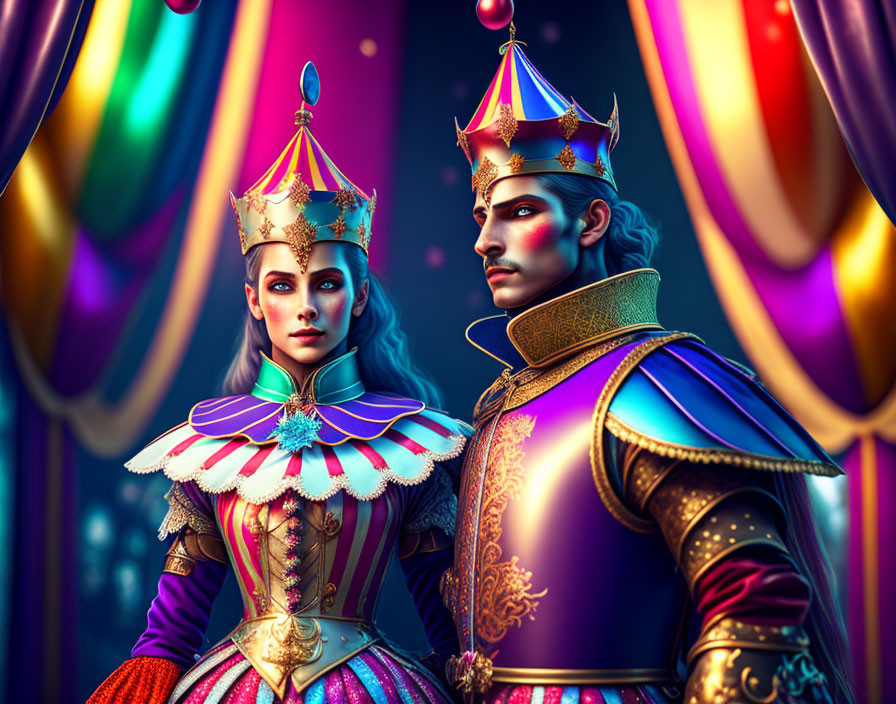 Regal couple in vibrant royal attire against colorful tent backdrop