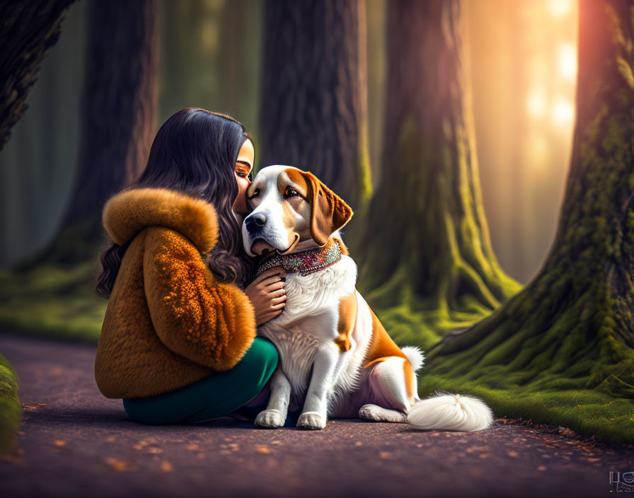 Woman cuddling beagle dog in sunlit forest with moss-covered trees