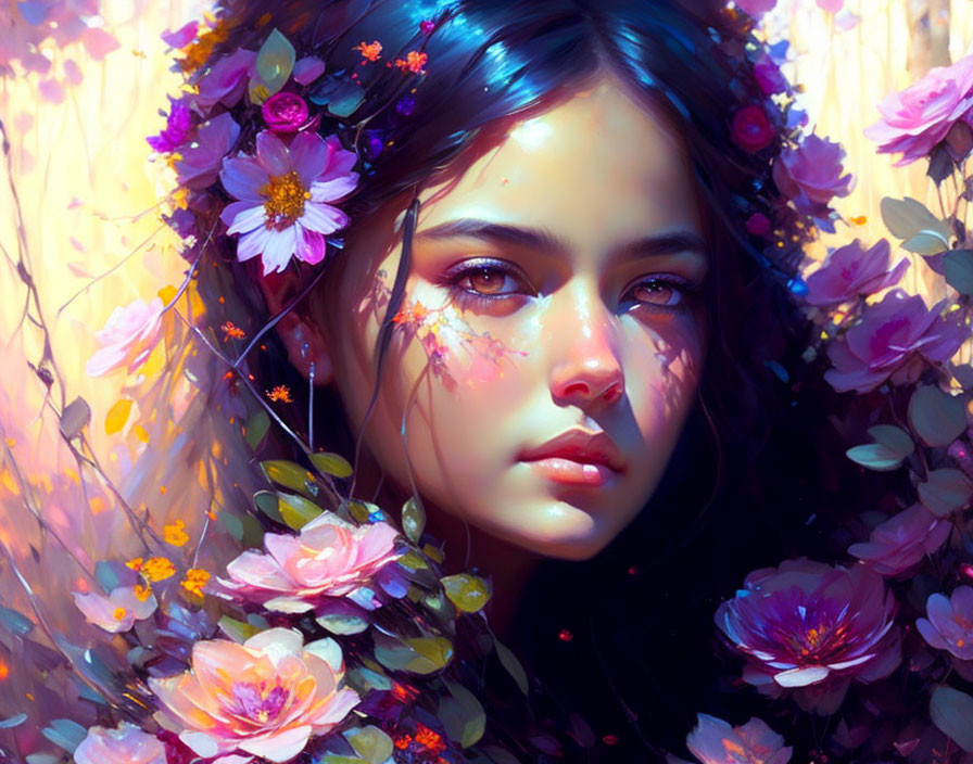 Vibrant digital painting of young girl with flower crown