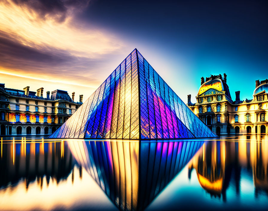 Louvre Pyramid and Palace at Sunset with Vibrant Sky Colors