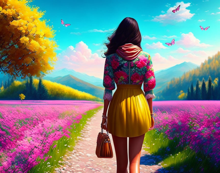 Colorfully dressed woman surrounded by pink flowers and butterflies, gazing at mountain landscape