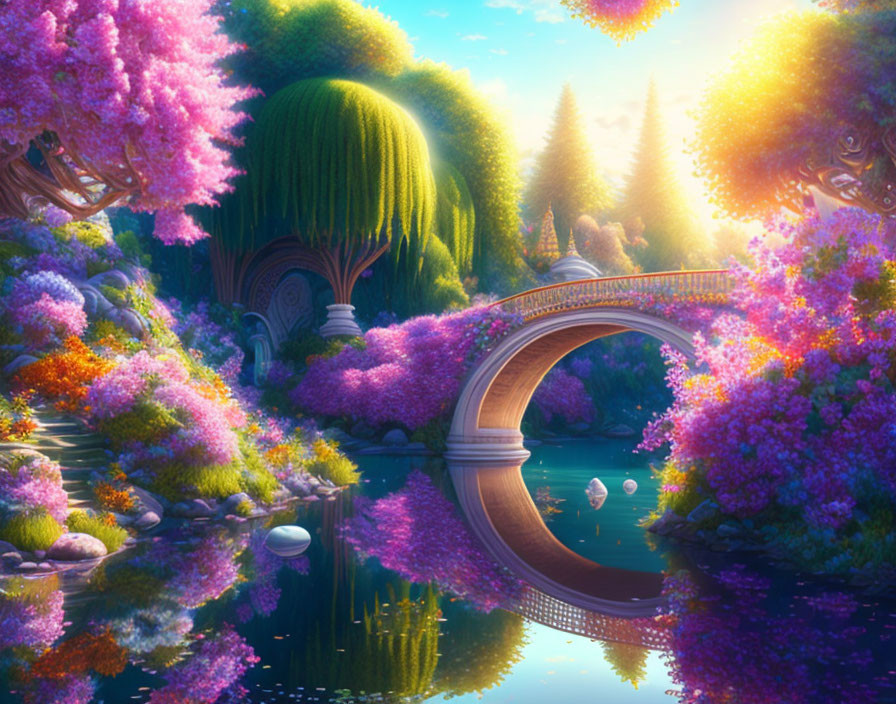 Tranquil fantasy landscape with stone bridge and vibrant flora