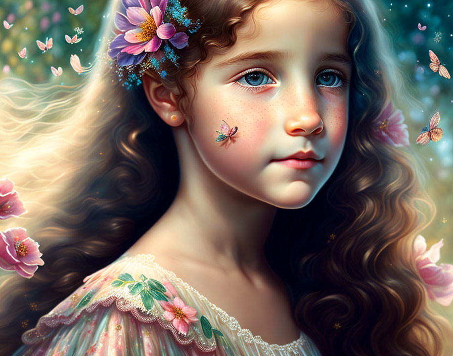 Young Girl with Curly Hair, Flowers, and Butterflies in Ethereal Digital Art