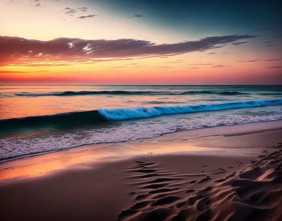 Tranquil sunset beach scene with pink and blue skies, gentle waves, and textured sand