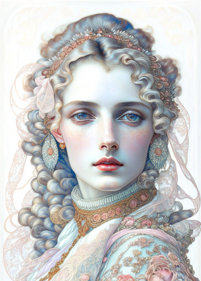 Illustration of woman with curly hair, blue eyes, jewelry, vintage lace dress