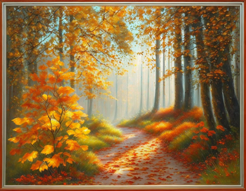 Tranquil Autumn Forest with Winding Path and Fallen Leaves