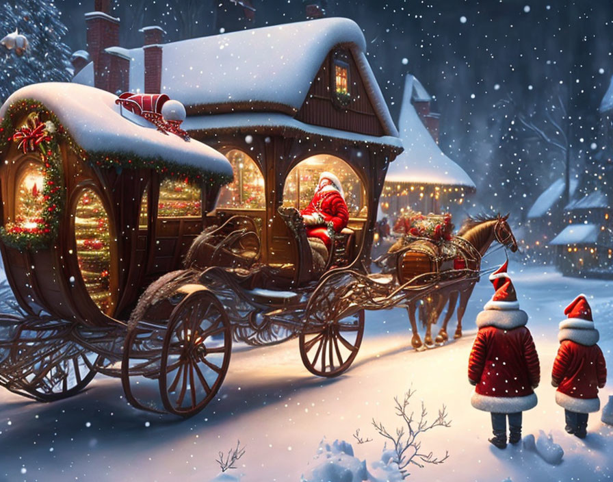 Winter Wonderland: Horse-Drawn Carriage & Festive Figures in Snowy Holiday Scene