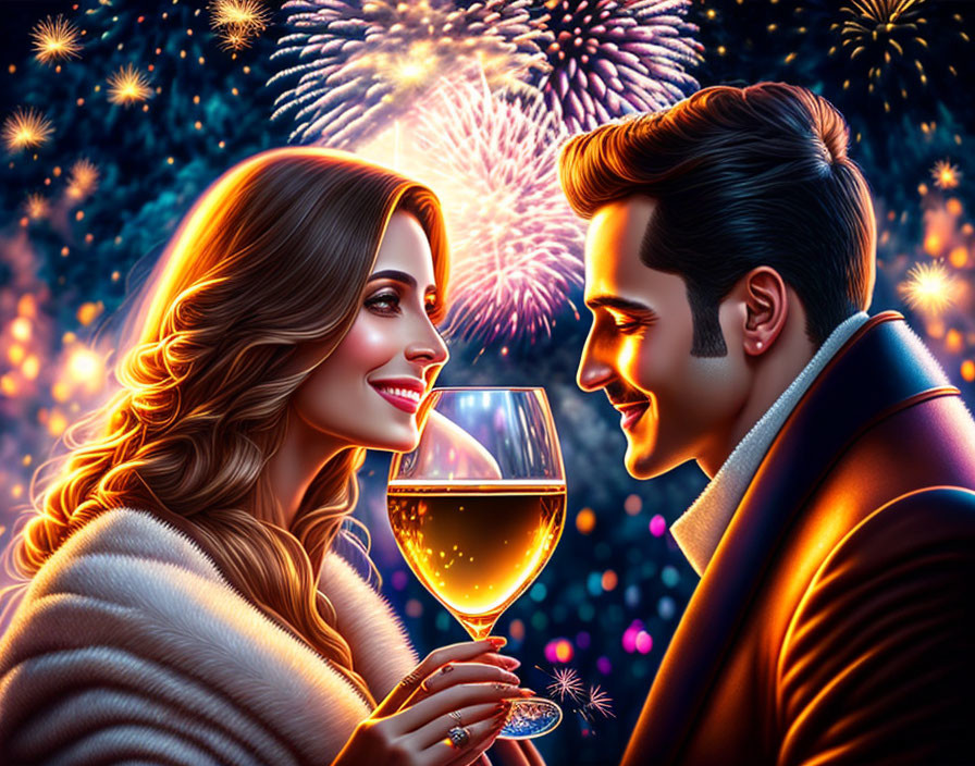 Happy couple toasting wine glasses under vibrant fireworks.