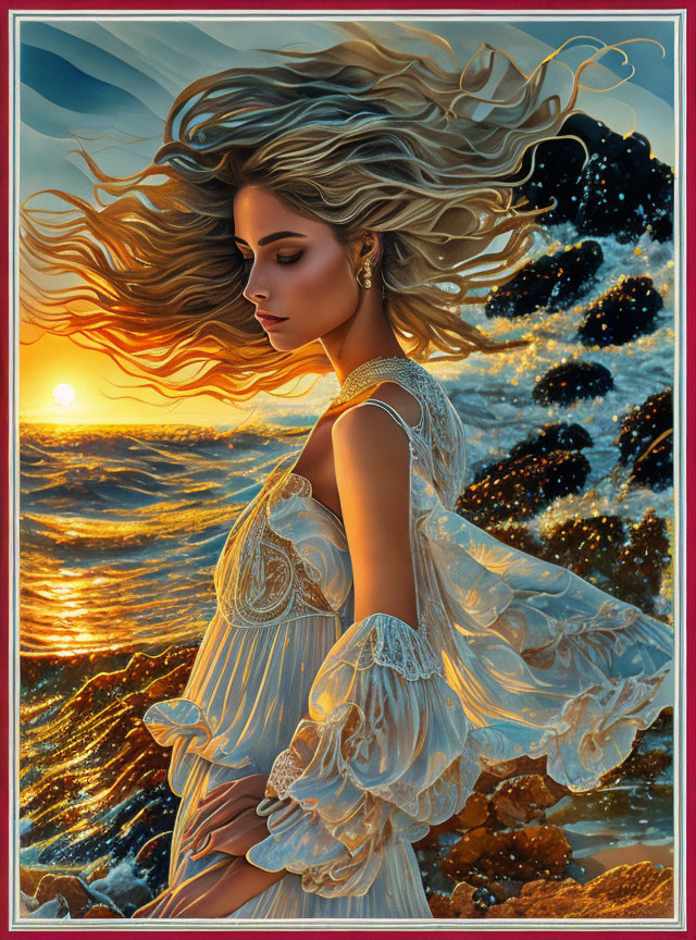 Woman in White Dress by the Sea at Sunset Illustration