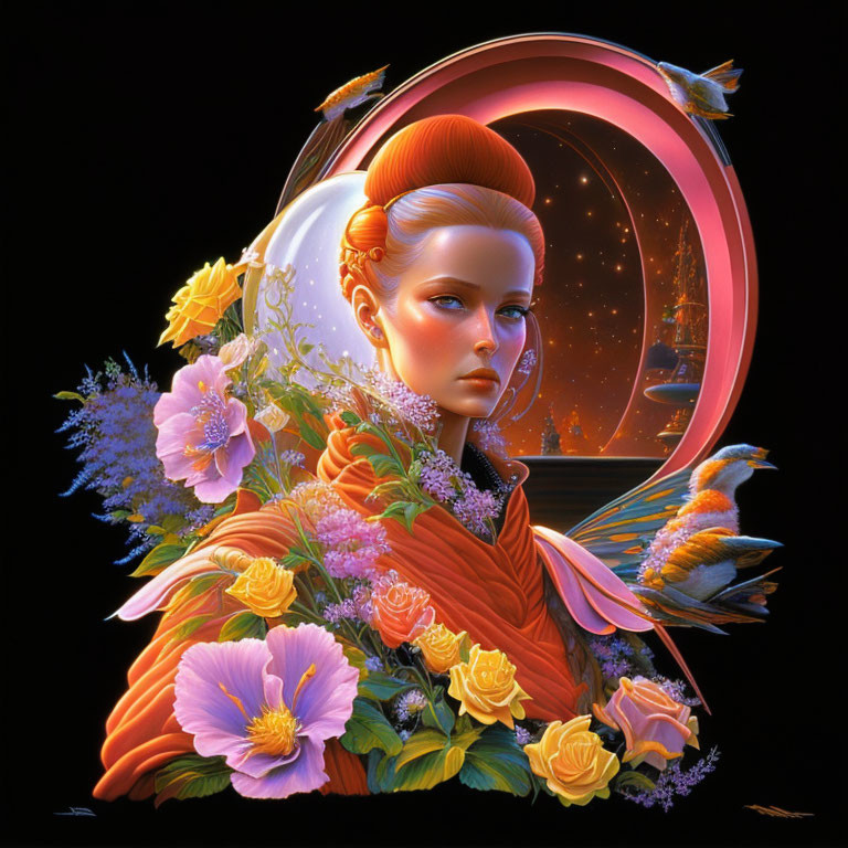 Surreal portrait of woman with red hair in cosmic setting