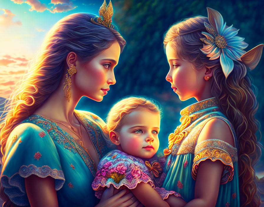 Two women and young child in ornate dresses against sunset backdrop