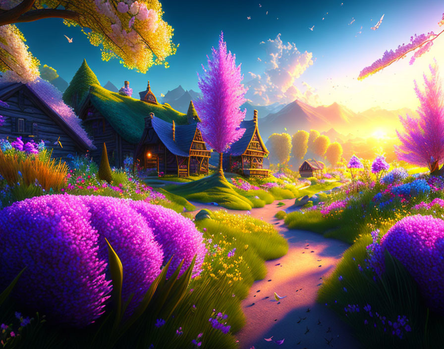 Vibrant Fantasy Landscape with Thatched Cottages and Mountains