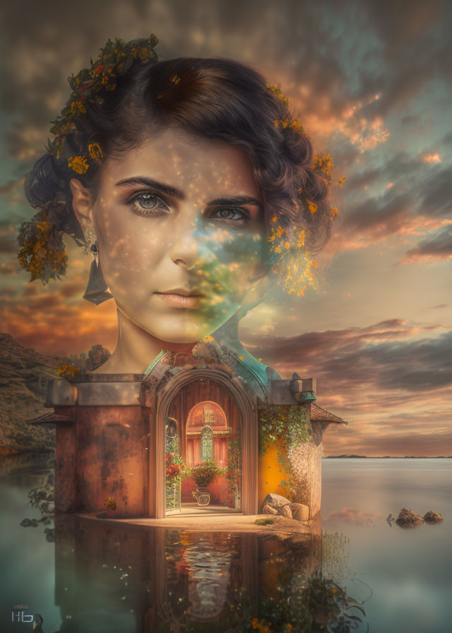 Composite image blending woman's face with autumnal landscape and whimsical house