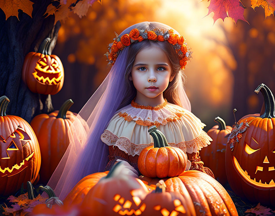 Young girl in Halloween costume with autumn leaf crown among carved pumpkins under fall foliage.