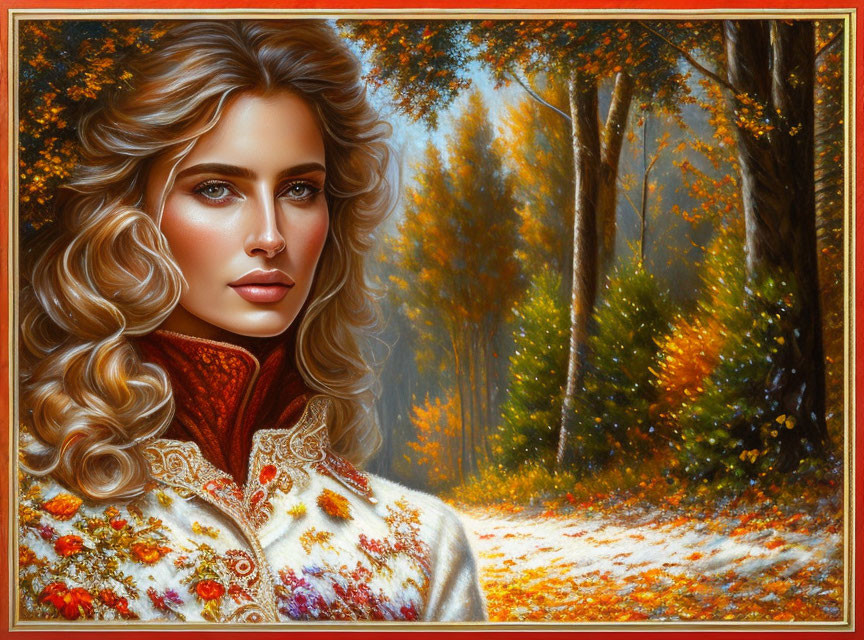 Blonde Curly-Haired Woman in Embroidered Coat in Autumn Forest