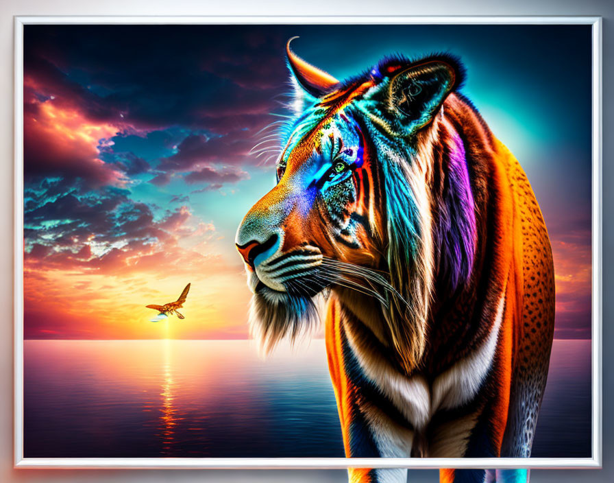 Colorful Tiger with Sunset Ocean Scene and Bird