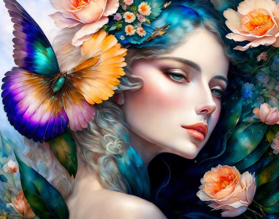 Colorful artwork of woman with flowers and butterfly embodies serene aura