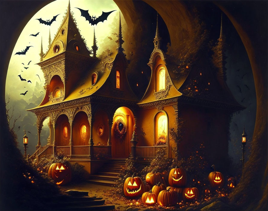 Eerie Halloween scene with haunted house, bats, pumpkins, and full moon