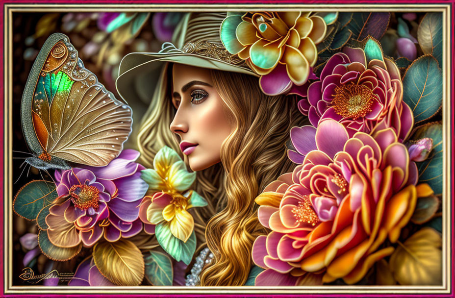 Colorful digital artwork of woman with flowing hair, hat, flowers, and butterfly