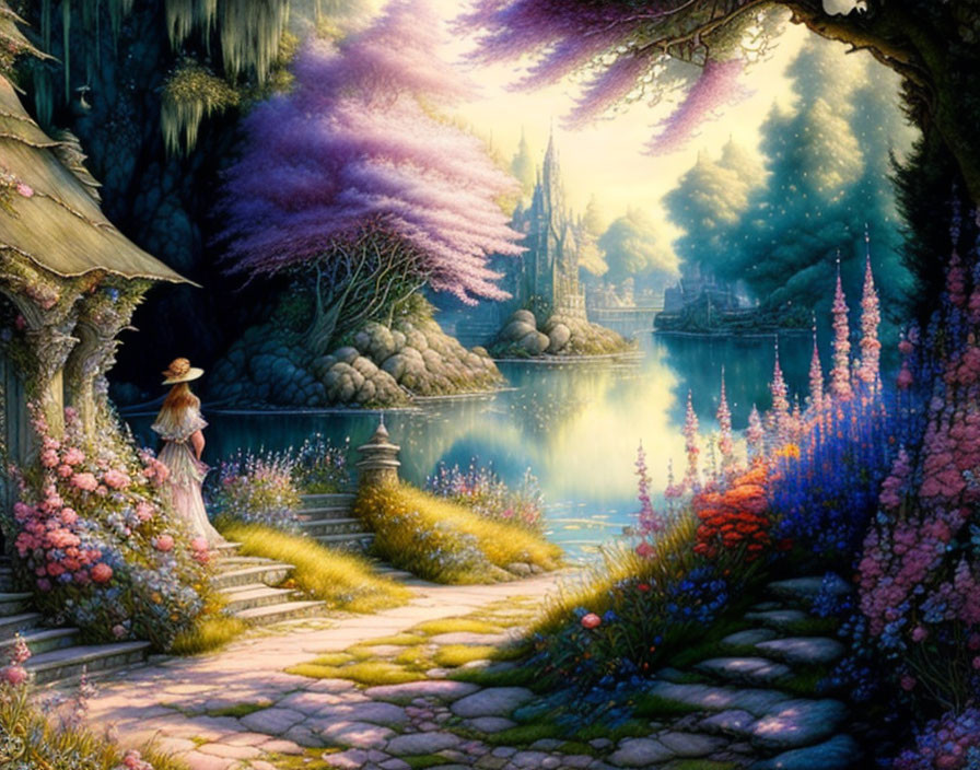 Person in sunhat by serene lake with colorful flowers, trees, and distant castle