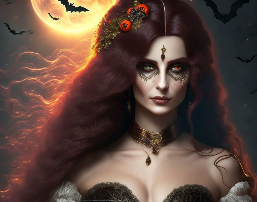 Mystical Woman with Red Hair in Halloween-themed Setting