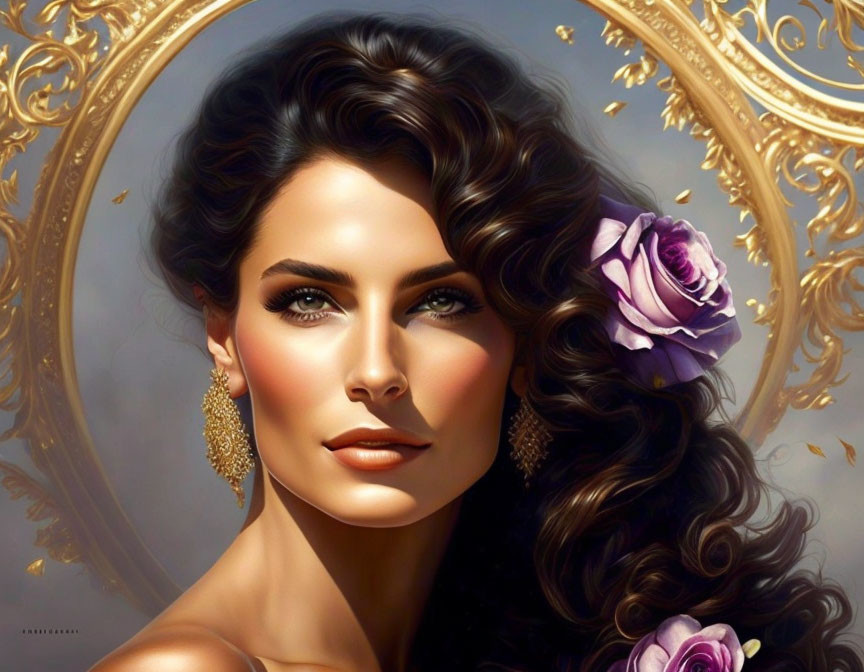 Dark-haired woman with purple rose and gold earrings in ornate frame.