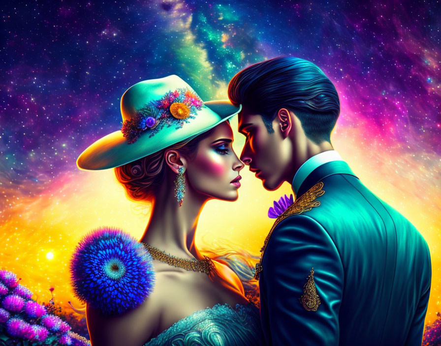 Vibrant cosmic background with stylized couple in teal suit and floral hat