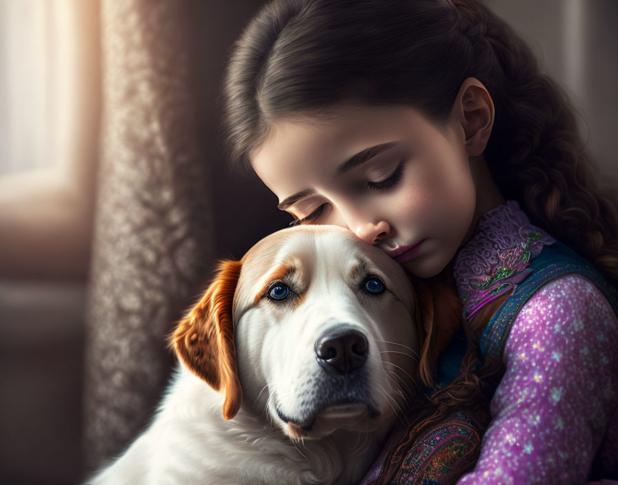 Young girl with dark hair and golden retriever in warm light by window