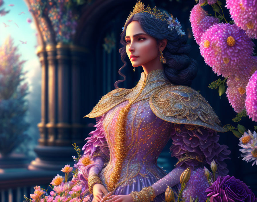 Regal woman in gold-trimmed purple attire among pink flowers