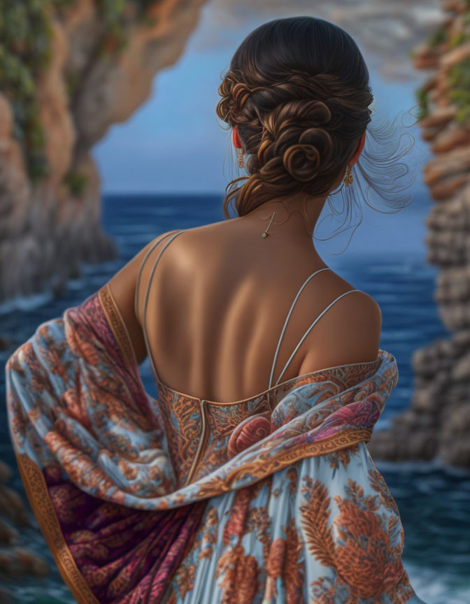 Woman with intricate updo admires serene sea between cliffs draped in earthy shawl