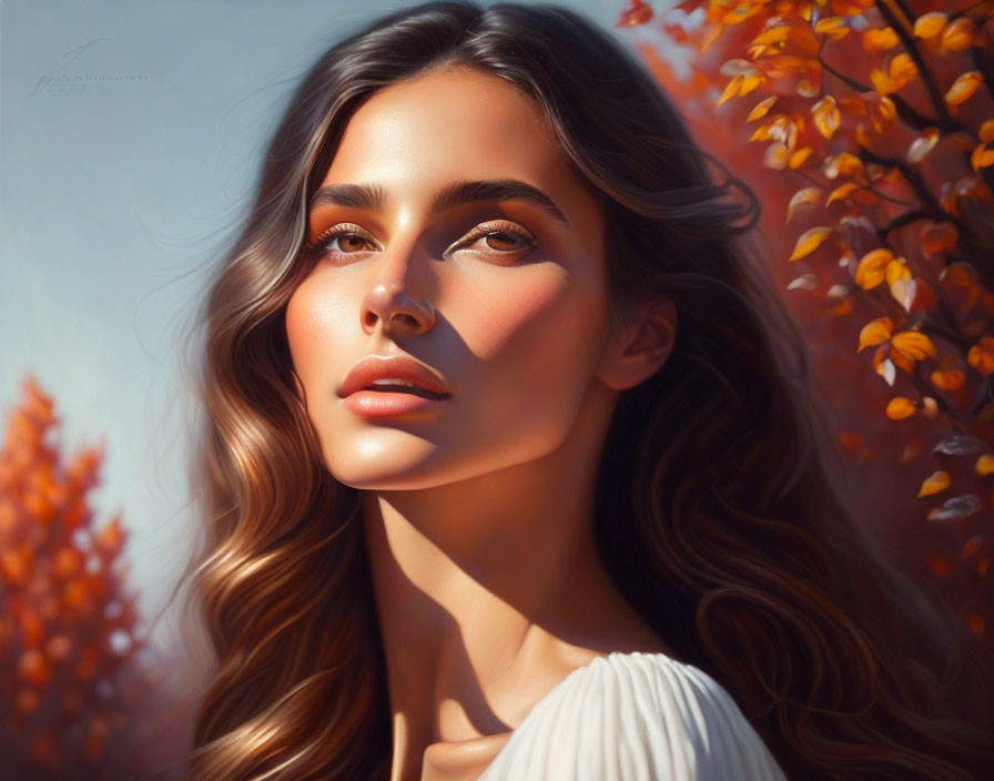 Portrait of young woman with flowing hair in autumn setting