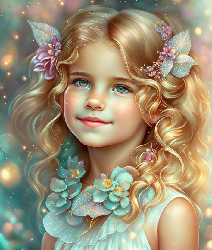 Digitally illustrated young girl with blonde curly hair and floral accessories.