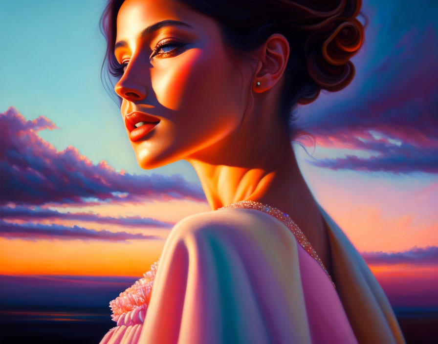 Woman in profile portrait with sunset sky in warm tones