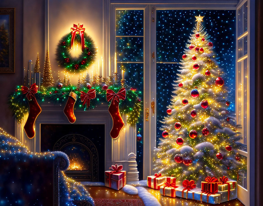 Festive Christmas scene with decorated tree, stockings, gifts, and starry night view