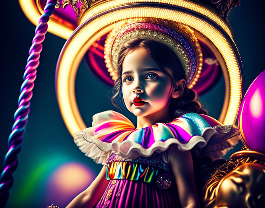 Vibrant circus-themed illustration of a young girl with clown makeup