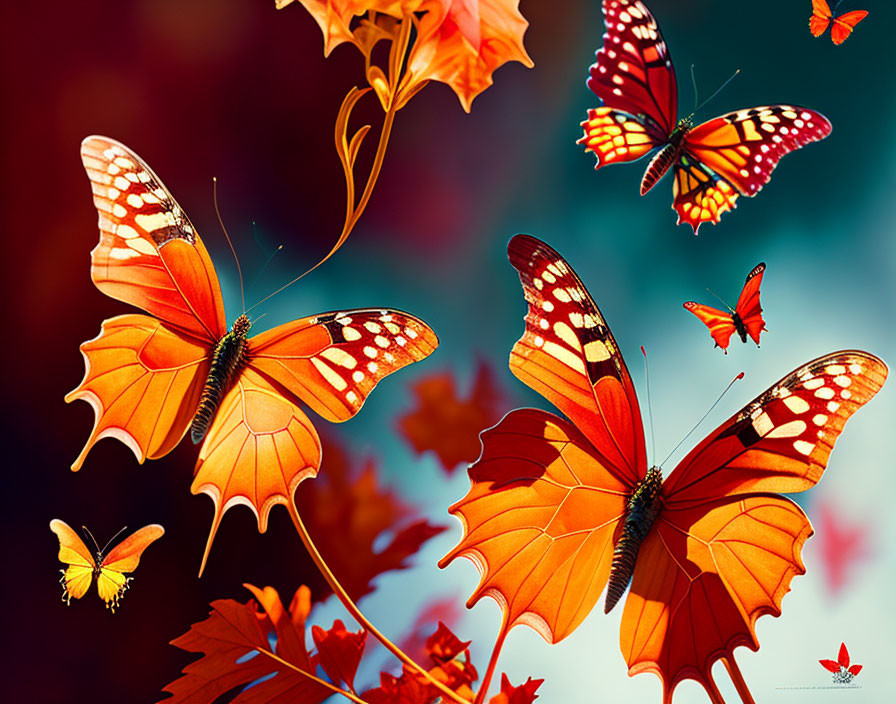 Colorful Orange Butterflies Among Autumn Leaves on Blurred Background