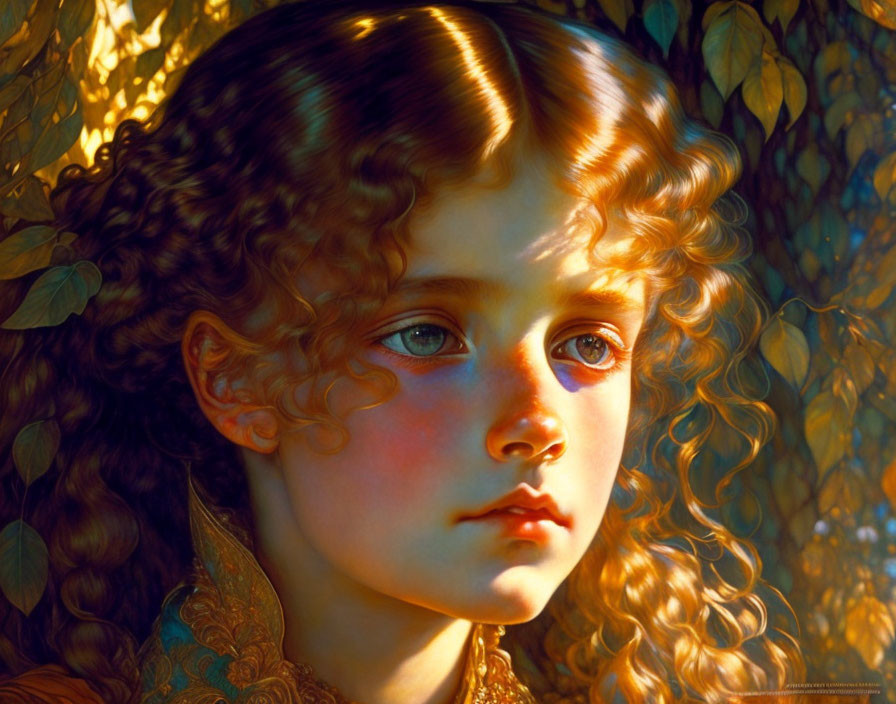 Young girl portrait with curly hair, blue eyes, and golden leaves in warm sunlight