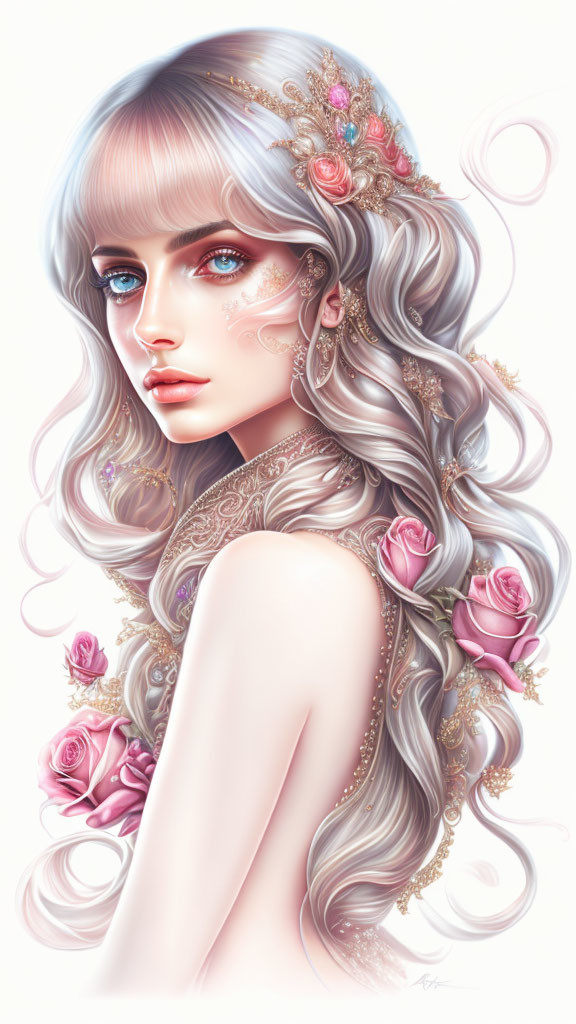 Illustrated portrait of woman with silver hair, pink roses, and gold jewelry