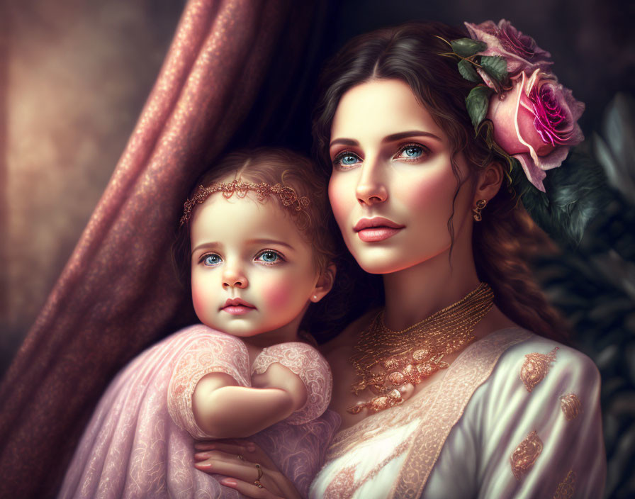 Portrait of woman with blue eyes, brown hair, pink rose, holding child in vintage attire