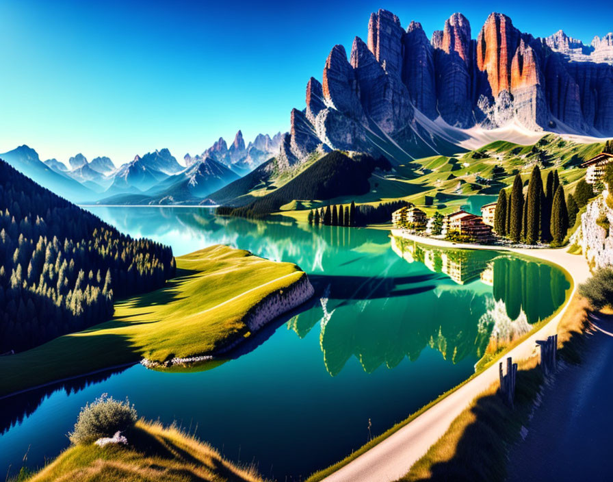 Scenic alpine lake with crystal-clear waters and mountain range reflection