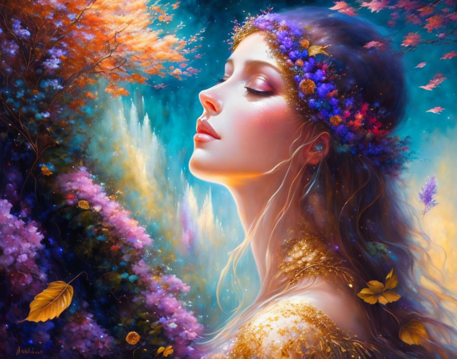 Woman with floral crown in vibrant, dreamy nature scene