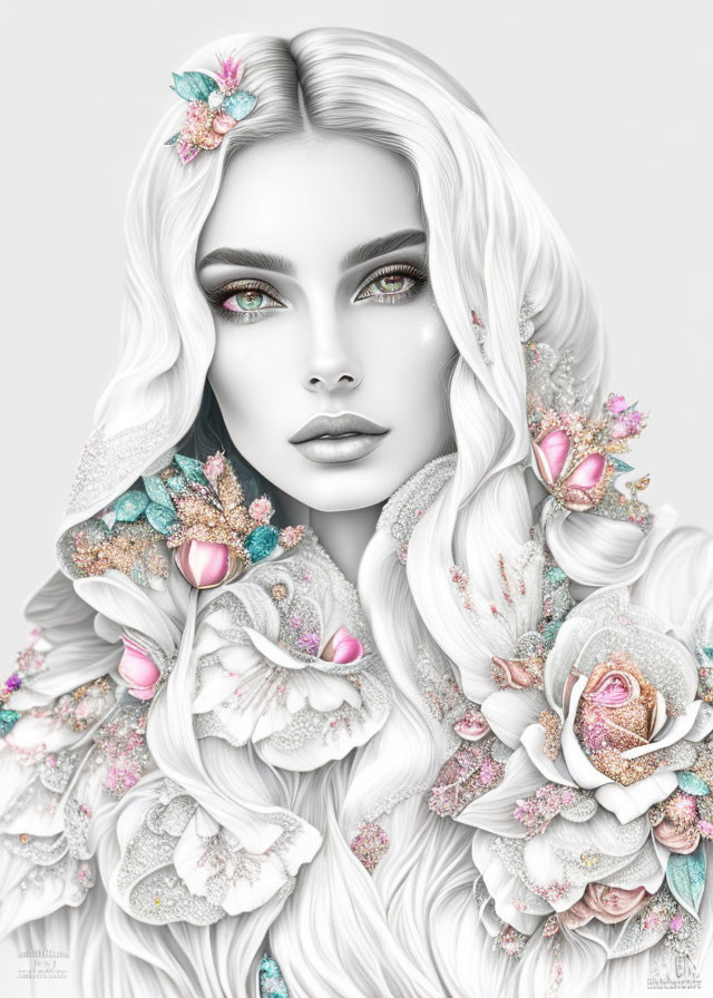 Portrait of woman with pale skin, white hair, pastel flowers, detailed makeup, and floral garment